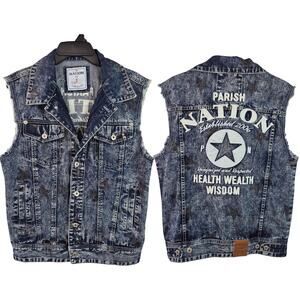 Parish Nation Blue Denim Embroidered Distressed Men's Vintage Vest Medium